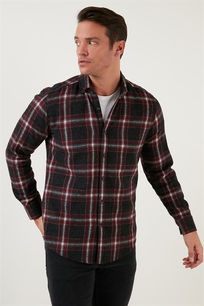 Pamuklu Ekoseli Slim Fit Kışlık Erkek Gömlek CF23W114662 BORDO