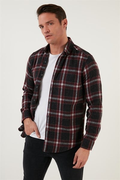 Pamuklu Ekoseli Slim Fit Kışlık Erkek Gömlek CF23W114662 BORDO