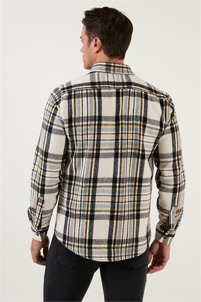 Pamuklu Ekoseli Slim Fit Kışlık Erkek Gömlek CF23W114662 EKRU-SİYAH