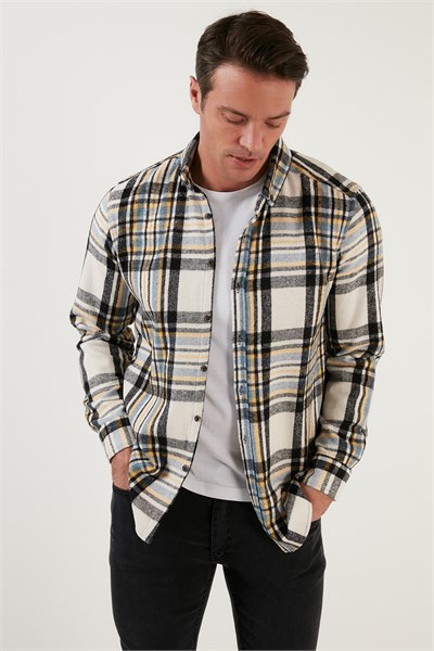 Pamuklu Ekoseli Slim Fit Kışlık Erkek Gömlek CF23W114662 EKRU-SİYAH