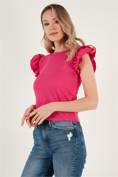 Pamuklu Kolları Fırfırlı Slim Fit Bisiklet Yaka Kadın T Shirt 5864500 FUŞYA