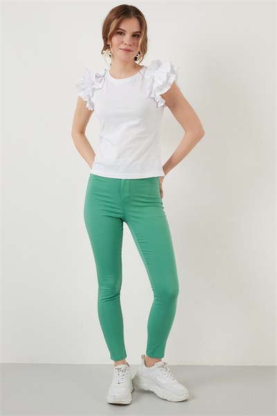 Pamuklu Kolları Fırfırlı Slim Fit Bisiklet Yaka Kadın T Shirt 5864500 BEYAZ