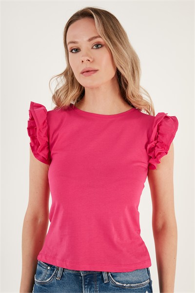 Pamuklu Kolları Fırfırlı Slim Fit Bisiklet Yaka Kadın T Shirt 5864500 FUŞYA