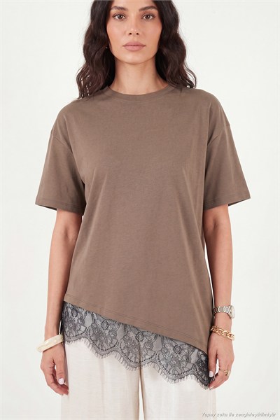Pamuklu Kontrast Dantel Panelli Salaş Bisiklet Yaka Kadın T Shirt 5866992 KAHVE
