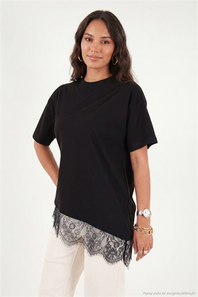 Pamuklu Kontrast Dantel Panelli Salaş Bisiklet Yaka Kadın T Shirt 5866992 SİYAH