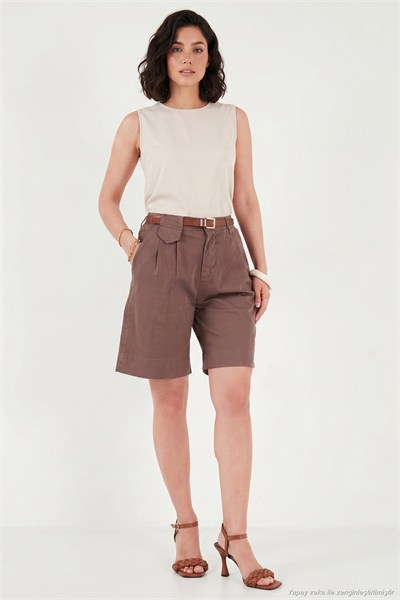 Pamuklu Loose Fit Pileli Kemerli Bermuda Kadın Şort 668YP5439 AÇIK KAHVE