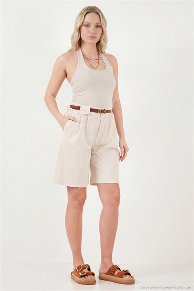 Pamuklu Loose Fit Pileli Kemerli Bermuda Kadın Şort 668YP5439 TAŞ