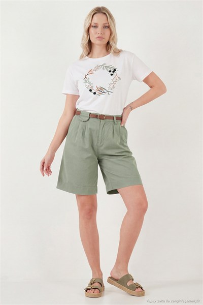 Pamuklu Loose Fit Pileli Kemerli Bermuda Kadın Şort 668YP5439 AÇIK HAKİ