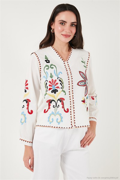 Pamuklu Nakış işlemeli Oversize Fit V Yaka Kadın Bluz 676254 EKRU