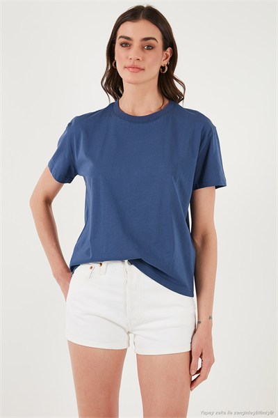 Pamuklu Oversize Fit Bisiklet Yaka Kadın T Shirt 5866097 İNDİGO