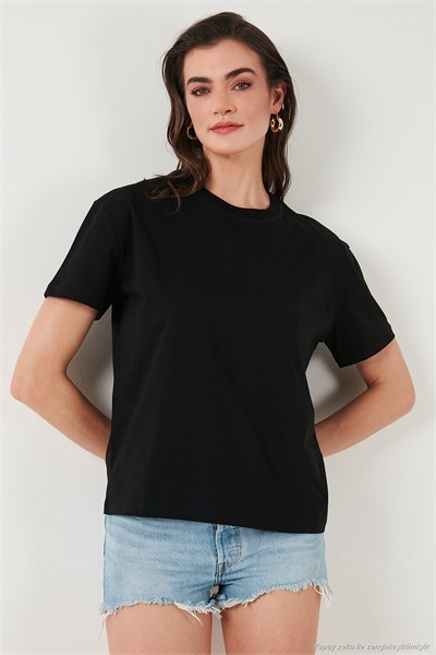 Pamuklu Oversize Fit Bisiklet Yaka Kadın T Shirt 5866097 SİYAH