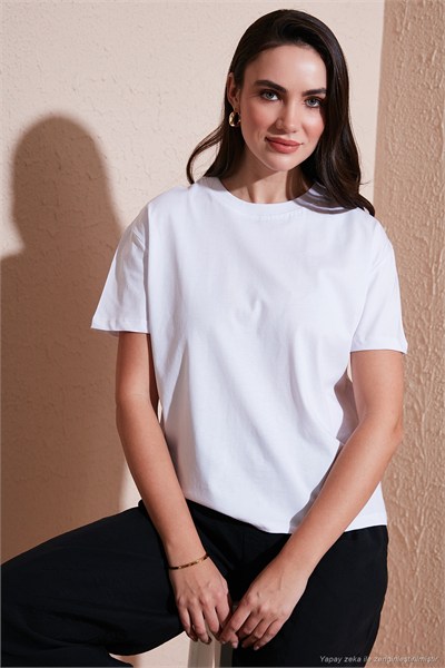 Pamuklu Oversize Fit Bisiklet Yaka Kadın T Shirt 5866097 EKRU