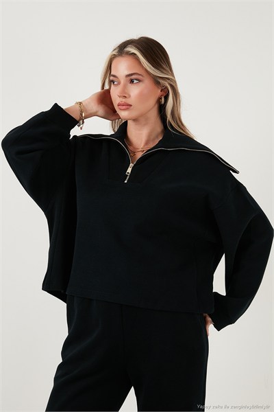 Pamuklu Oversize Fit Yarım Fermuarlı Yaka Uzun Kollu Triko Kadın Takım 68351218 SİYAH