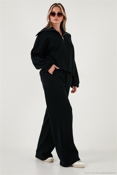 Pamuklu Oversize Fit Yarım Fermuarlı Yaka Uzun Kollu Triko Kadın Takım 68351218 SİYAH
