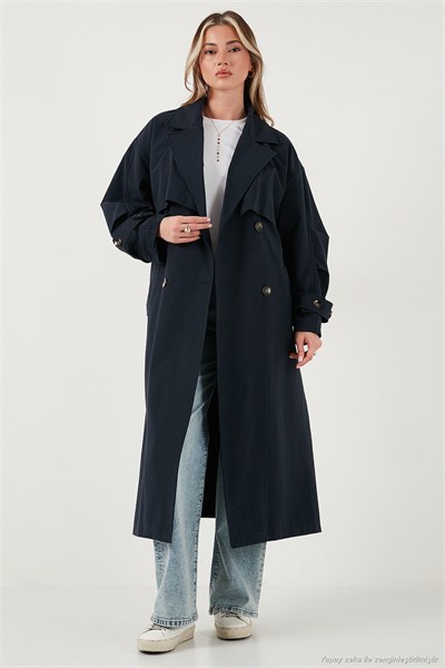 Pamuklu Oversize Kruvaze Yaka Düğmeli Uzun Kadın Trençkot 6839605 LACİVERT