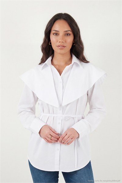 Pamuklu Pelerin Detaylı Regular Fit Uzun Kollu Kadın Gömlek 6774128 BEYAZ