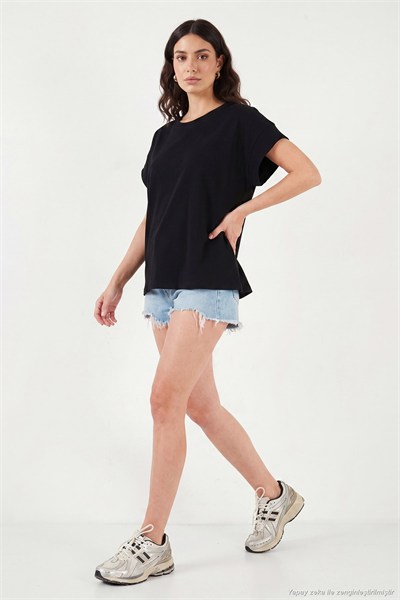 Pamuklu Rahat Kalıp Bisiklet Yaka Kadın T Shirt 5866955 SİYAH