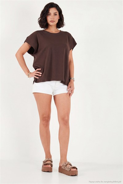 Pamuklu Rahat Kalıp Bisiklet Yaka Kadın T Shirt 5866955 KAHVE