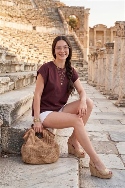 Pamuklu Rahat Kalıp Bisiklet Yaka Kadın T Shirt 5866955 BORDO