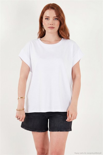 Pamuklu Rahat Kalıp Bisiklet Yaka Kadın T Shirt 5866955 BEYAZ
