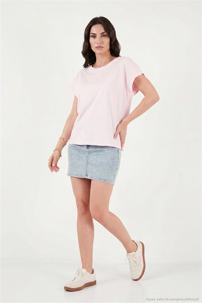 Pamuklu Rahat Kalıp Bisiklet Yaka Kadın T Shirt 5866955 PEMBE