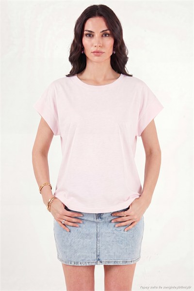 Pamuklu Rahat Kalıp Bisiklet Yaka Kadın T Shirt 5866955 PEMBE