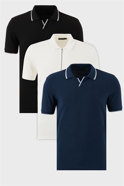 Pamuklu Regular Fit 3lü Paket Erkek Polo Yaka T Shirt 590296415S3 Siyah-Beyaz-İndigo