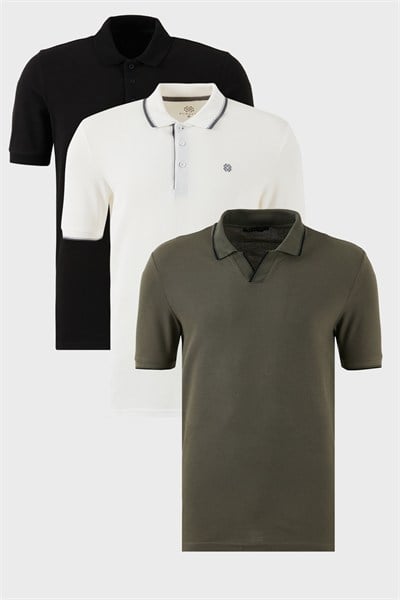 Pamuklu Regular Fit 3lü Paket Erkek Polo Yaka T Shirt 59029641827S3 Haki-Siyah-Beyaz
