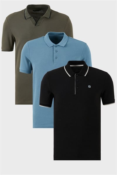 Pamuklu Regular Fit 3lü Paket Erkek Polo Yaka T Shirt 59029641827S3 Haki-Siyah-Beyaz-Mavi