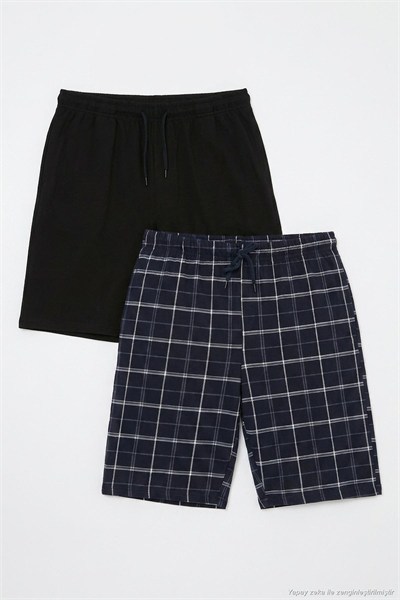 Pamuklu Regular Fit Bağlamalı Cepli 2li Pijama Paket Erkek Şort 6574004S2 SİYAH-LACİVERT