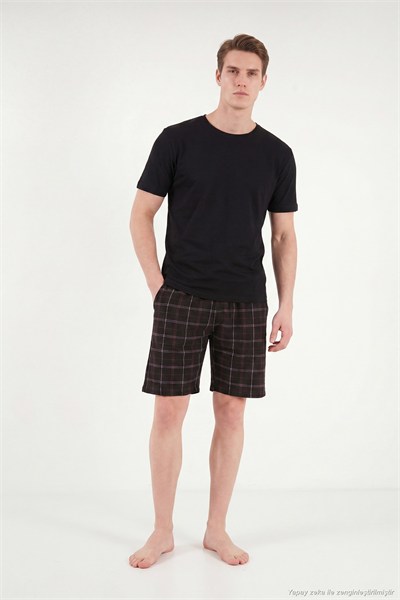 Pamuklu Regular Fit Bağlamalı Cepli Pijama Erkek Şort 6574004 SİYAH-BORDO