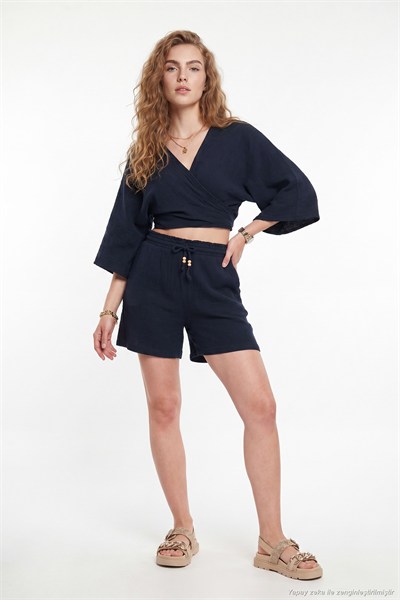 Pamuklu Regular Fit Bağlamalı Crop Kadın Kimono 668YL2783 LACİVERT