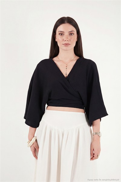 Pamuklu Regular Fit Bağlamalı Crop Kadın Kimono 668YL2783 SİYAH
