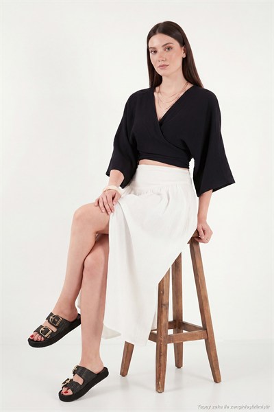 Pamuklu Regular Fit Bağlamalı Crop Kadın Kimono 668YL2783 SİYAH
