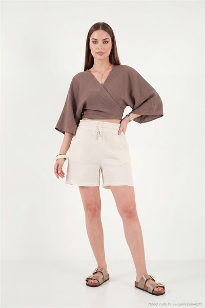 Pamuklu Regular Fit Bağlamalı Crop Kadın Kimono 668YL2783 AÇIK KAHVE