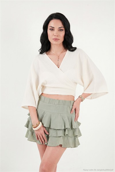 Pamuklu Regular Fit Bağlamalı Crop Kadın Kimono 668YL2783 TAŞ