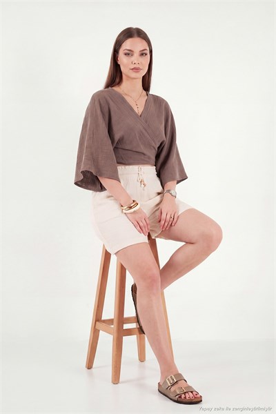 Pamuklu Regular Fit Bağlamalı Crop Kadın Kimono 668YL2783 AÇIK KAHVE
