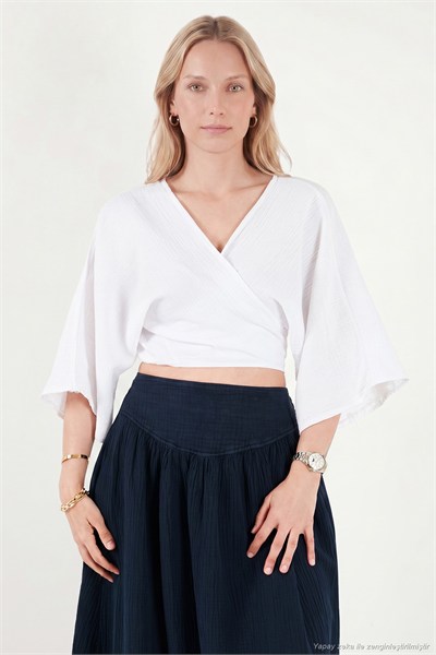 Pamuklu Regular Fit Bağlamalı Crop Kadın Kimono 668YL2783 BEYAZ