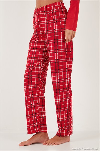 Pamuklu Regular Fit Baskılı Bisiklet Yaka Kadın Pijama Takımı 65723313 KIRMIZI