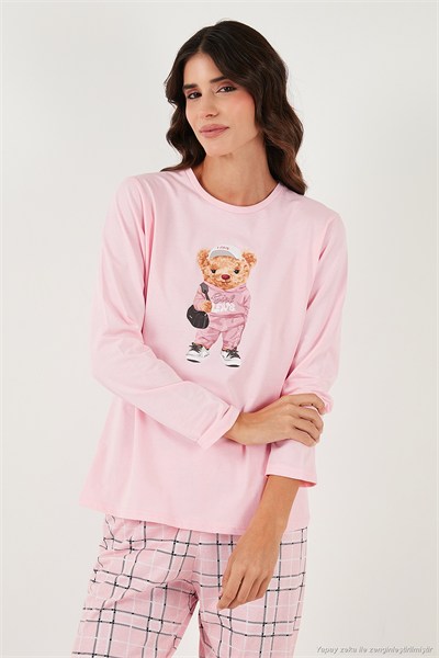 Pamuklu Regular Fit Baskılı Bisiklet Yaka Kadın Pijama Takımı 65723313 PUDRA
