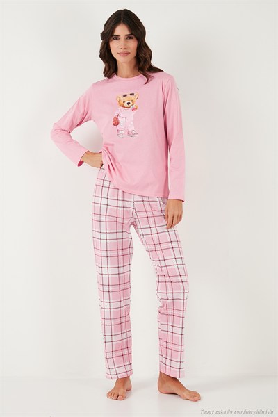 Pamuklu Regular Fit Baskılı Bisiklet Yaka Kadın Pijama Takımı 65723314 PEMBE