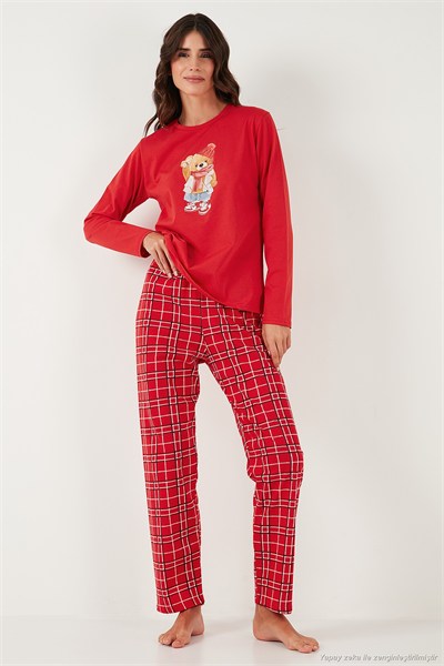 Pamuklu Regular Fit Baskılı Bisiklet Yaka Kadın Pijama Takımı 65723313 KIRMIZI