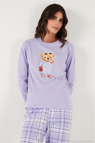 Pamuklu Regular Fit Baskılı Bisiklet Yaka Kadın Pijama Takımı 65723314 LİLA