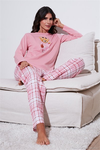 Pamuklu Regular Fit Baskılı Bisiklet Yaka Kadın Pijama Takımı 65723314 PEMBE