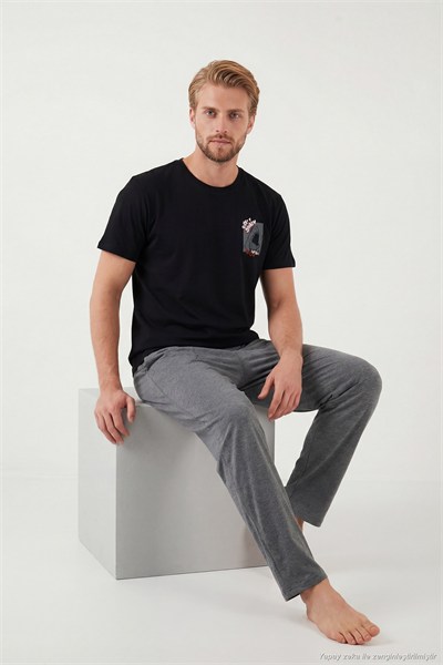 Pamuklu Regular Fit Baskılı Erkek Pijama Takımı 6096160 SİYAH