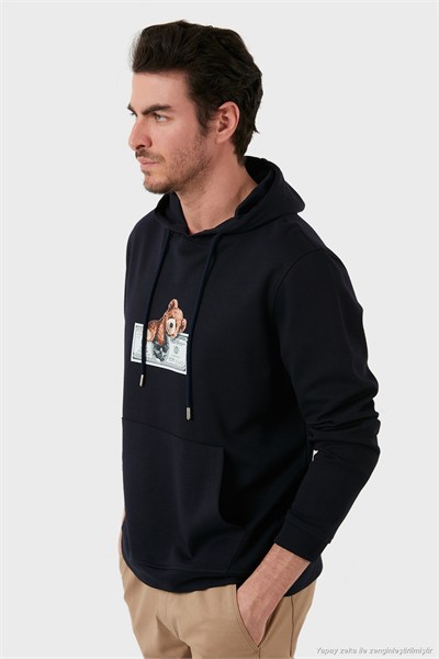 Pamuklu Regular Fit Baskılı Kanguru Cepli Kapüşonlu Erkek Sweat 6141004B LACİVERT