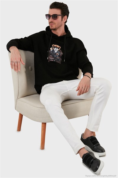 Pamuklu Regular Fit  Baskılı Kanguru Cepli Kapüşonlu Erkek Sweat 6141005B SİYAH
