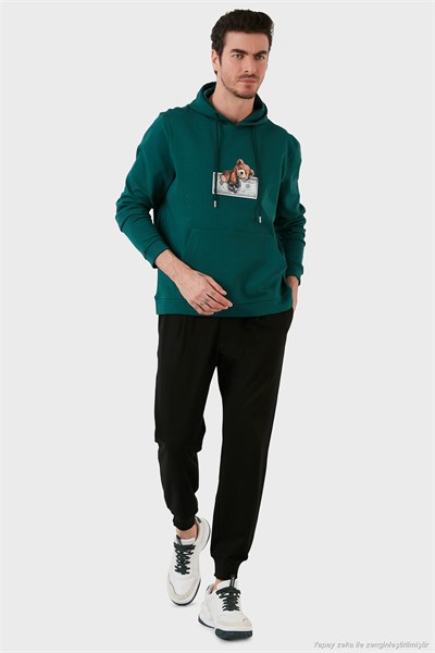 Pamuklu Regular Fit Baskılı Kanguru Cepli Kapüşonlu Erkek Sweat 6141004B PETROL