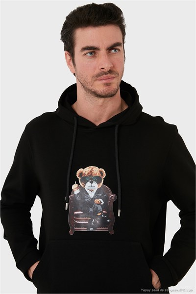 Pamuklu Regular Fit  Baskılı Kanguru Cepli Kapüşonlu Erkek Sweat 6141005B SİYAH