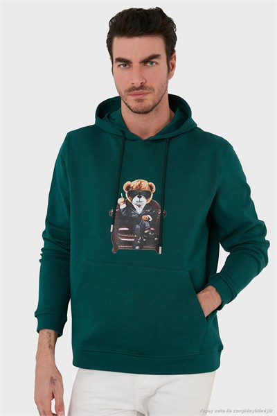 Pamuklu Regular Fit  Baskılı Kanguru Cepli Kapüşonlu Erkek Sweat 6141005B PETROL